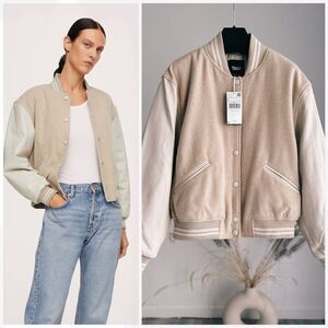 Mango Pernille Wool Genuine Leather Bomber New